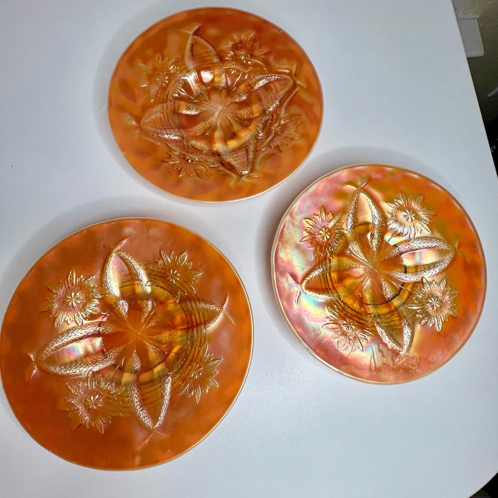 Set of 3 Antique Peach Opalescent Carnival Glass Plate DUGAN Four Flowers 6.5 in